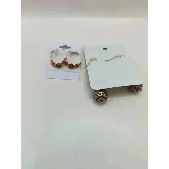 Handmade Red Beaded Dangle Earrings Metallic Hoop Style Womens Set Of 2 Pairs - Picture 3 of 5